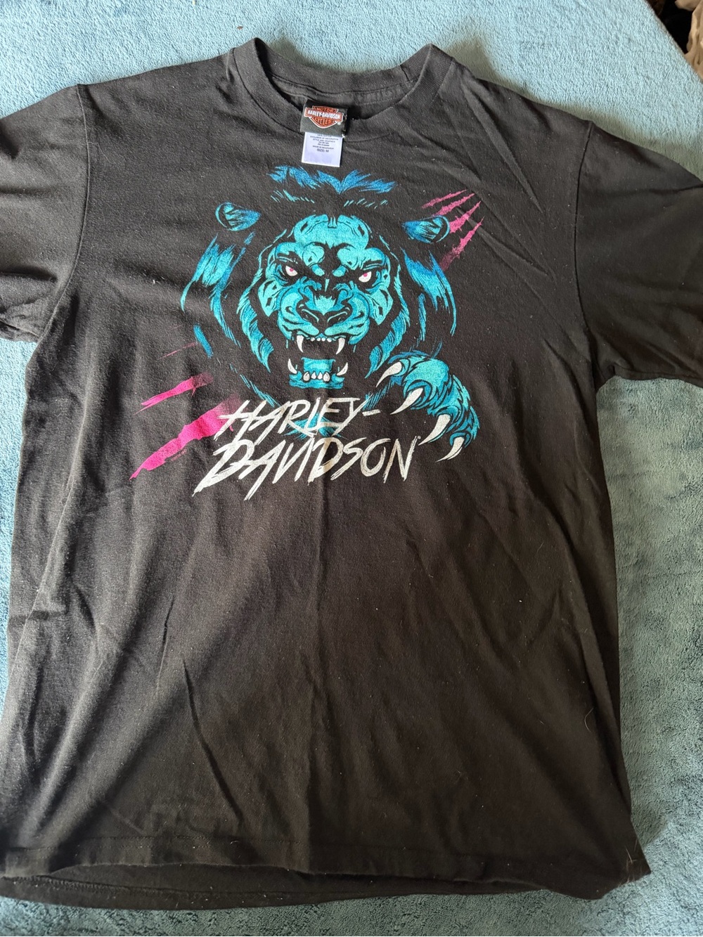 Harley-Davidson Black Tee with Teal and Pink Lion Graphic